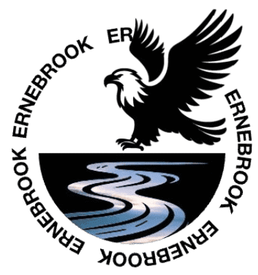A circle with the words Ernebrook around the edge. Inside is the line mage of an eagle landing on some water