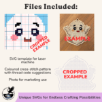 A cropped image of a coloured friendly ghost cross-stitch temple, a laser cutting file and a photo of a finished product.