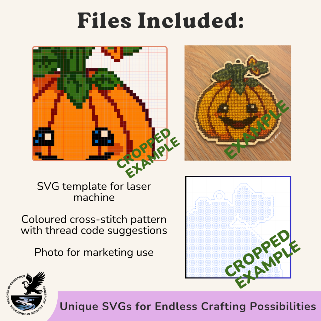 Example files to create a cute Halloween project with our Festive Pumpkin laser-cutting SVG template & cross-stitch pattern