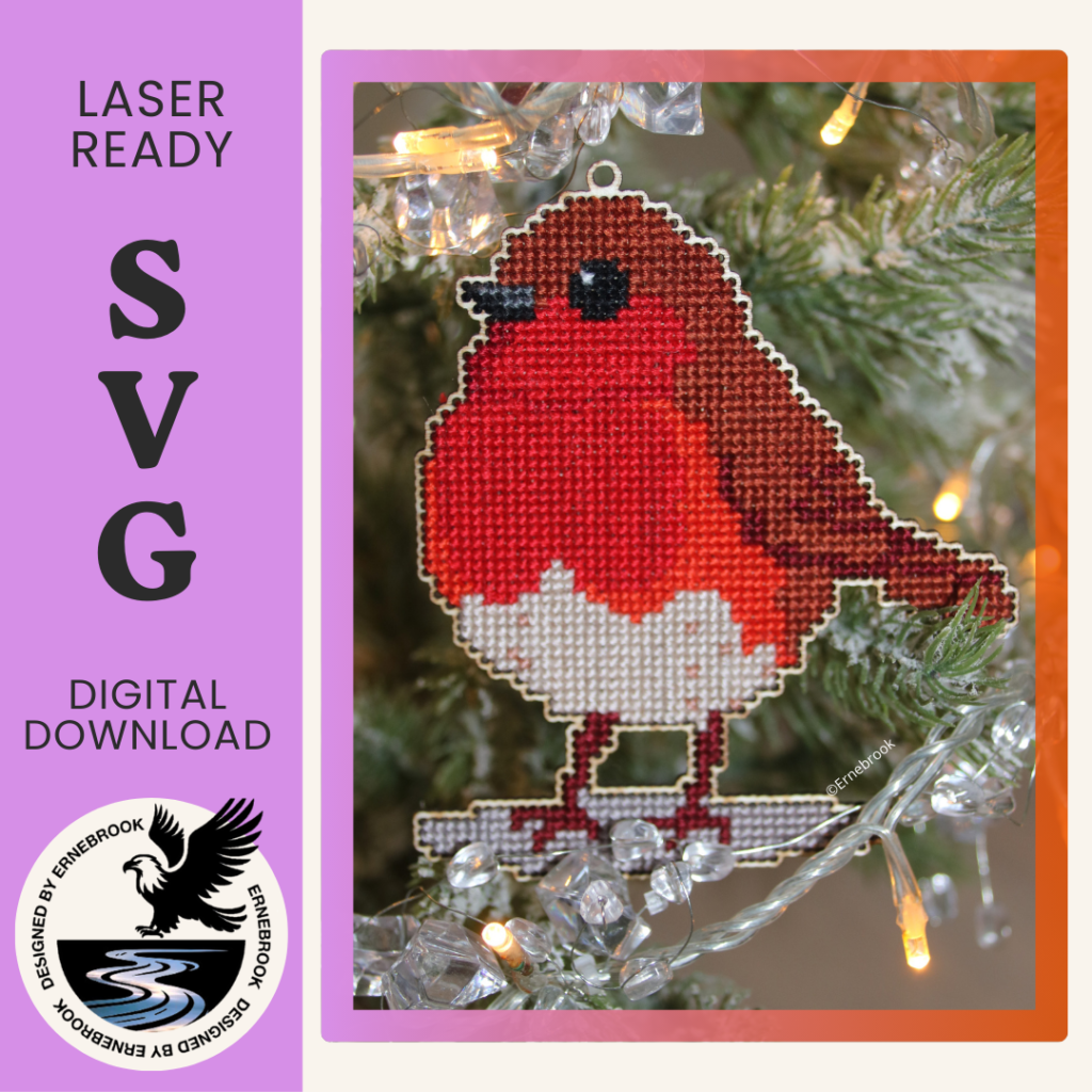 Image of a Robin Redbreast template in wood and completed with cross stitch embroidery