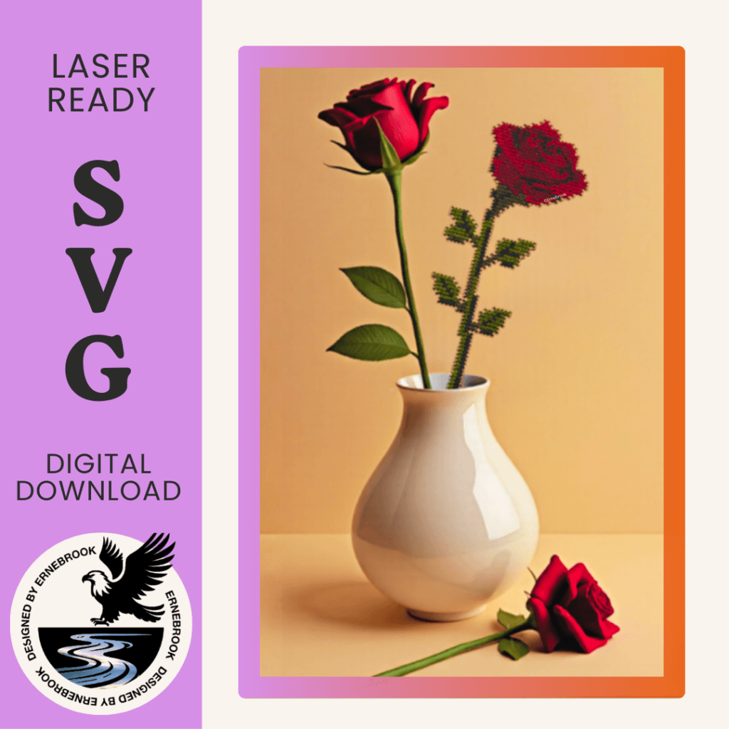 Image of a single red rose template in wood and completed with cross stitch embroidery in a white vase. A real red rose is laying to the side.