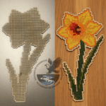 a photo of the wooden daffodil template next to a completed cross stitch project