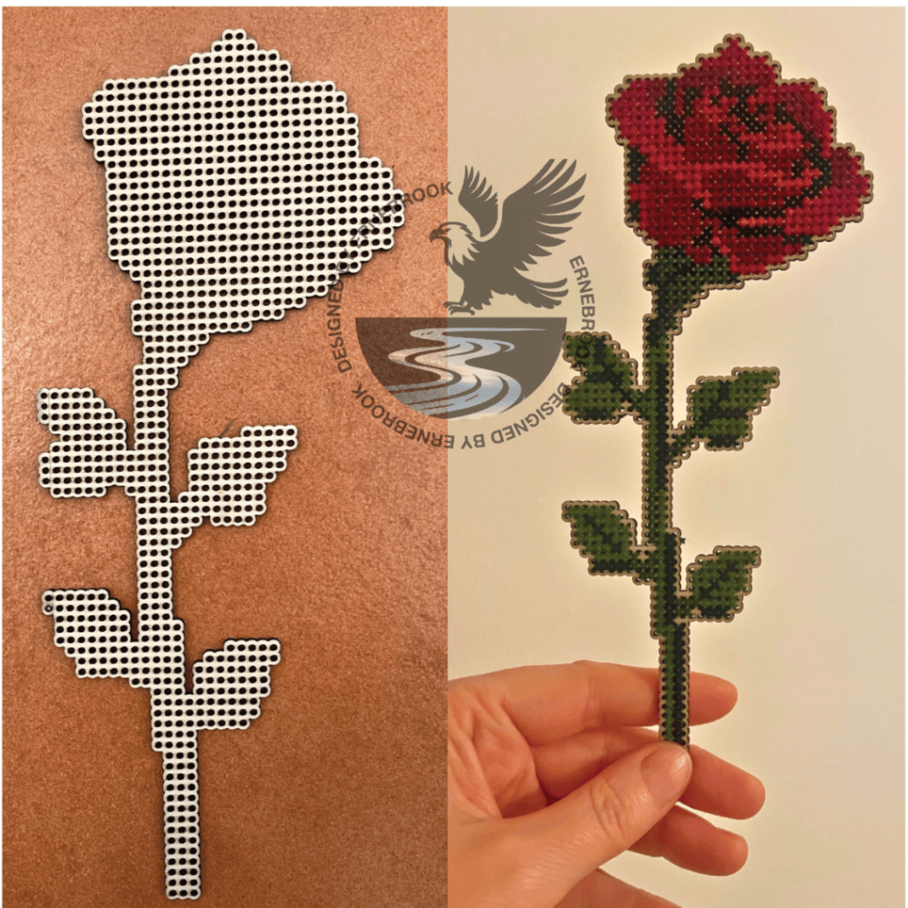 a photo of the wooden rose template next to a completed cross stitch project