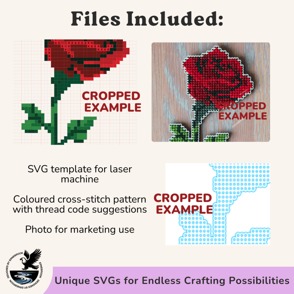 Example files to create an elegant with our Single Rose Stem laser-cutting SVG template & cross-stitch pattern