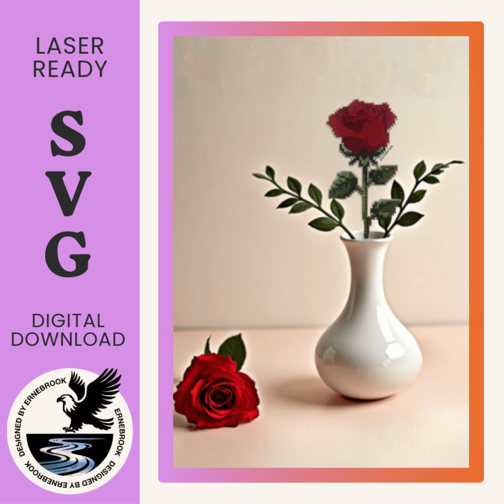 Image of a single red rose template in wood and completed with cross stitch embroidery in a white vase. A real red rose is laying to the side.